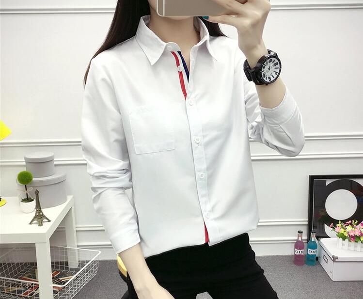 Áo sơ mi nữ tay dài 2018 mùa thu mới buông lỏng Hàn Quốc sơ mi giản dị hoang dã khâu áo sơ mi trắng áo sơ mi trắng nữ đi học