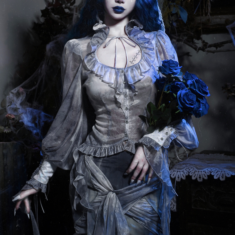 Blood Supply Original ◆ Zombie Bride Gothic Chiffon Tie-Dye Atmospheric European-Style Vintage Shirt Top Autumn