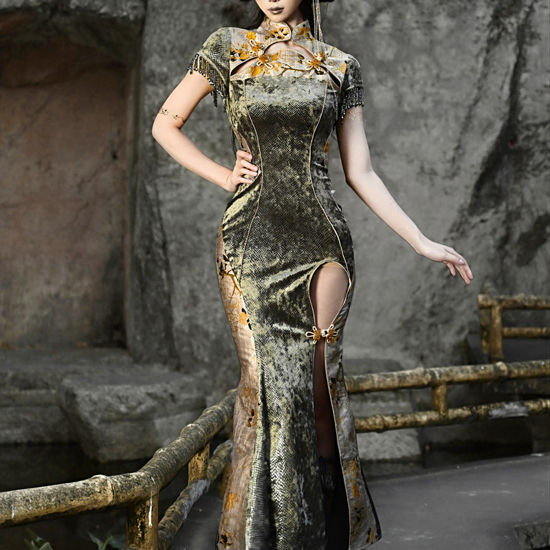 Blood Supply Original ◆ Spring Dragon Festival New Chinese Style National Style Buttoned Slim Fit Fishtail Long Slit Cheongsam Dress
