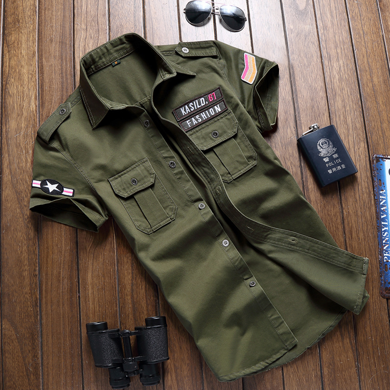 New Style Youth Short-Sleeved Shirt for Men, Korean Style Military Summer Pure Cotton Casual Work Shirt, Long-Sleeved Large Size Cotton Shirt