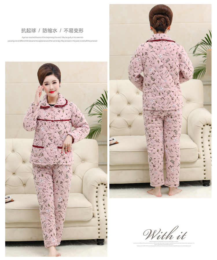 Đồ ngủ mùa đông của phụ nữ cotton ba lớp dày trung niên cộng với bông bông mùa đông trung niên ấm áp bộ pijama