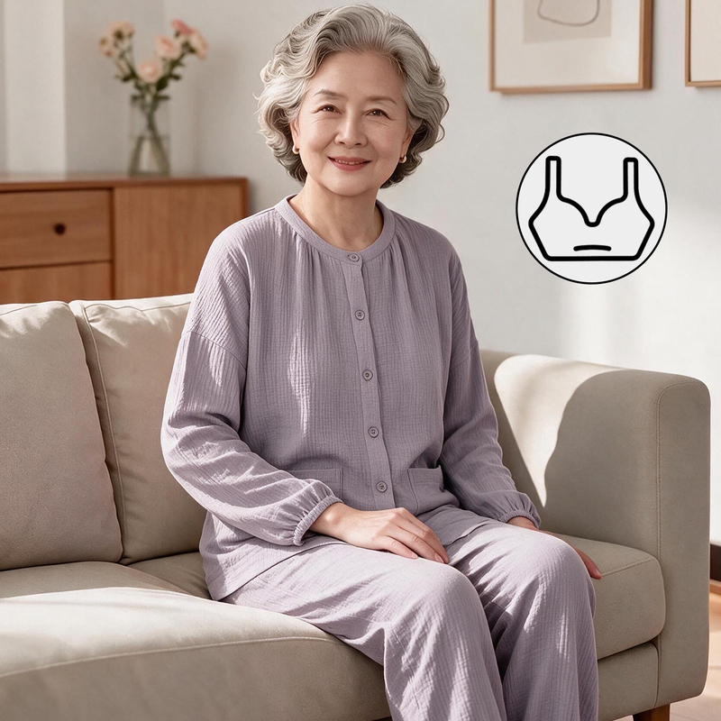 Mom's Pajamas for Women, Long-Sleeved, Pure Cotton Gauze with Chest Pads, Autumn Cardigan, Middle-Aged, Elderly, Home Wear Mom's Pajamas for Women, Long-Sleeved, Pure Cotton Gauze with Chest Pads, Autumn Cardigan, Middle-Aged, Elderly, Home Wear