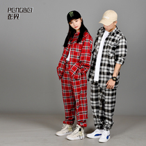 Street couples hip-hop shirt suit men black and white plaid casual ties sportswear street dance team customization