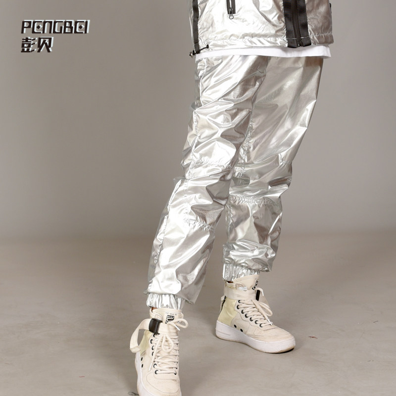 Bright silver trendy men cigarette tube pants Hip hop bboy loose sports pants couple pants Hip-hop team custom 834