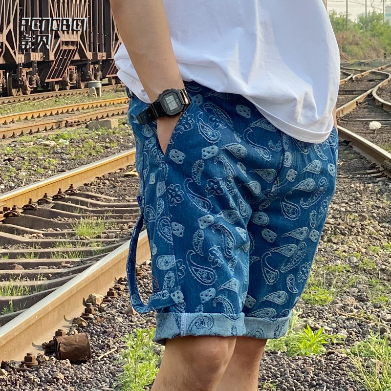 Summer new denim five-point pants cashew flower overalls loose bf Hong Kong trend men ins hip-hop skateboard shorts 164