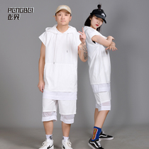 Summer sleeveless sportswear light and breathable hooded shoulder loose five-point shorts couple hip hop team custom 088
