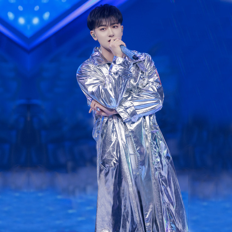 Bright silver windbreaker men's mid-length version over-the-knee women's jacket children's catwalk stage costumes team custom 328