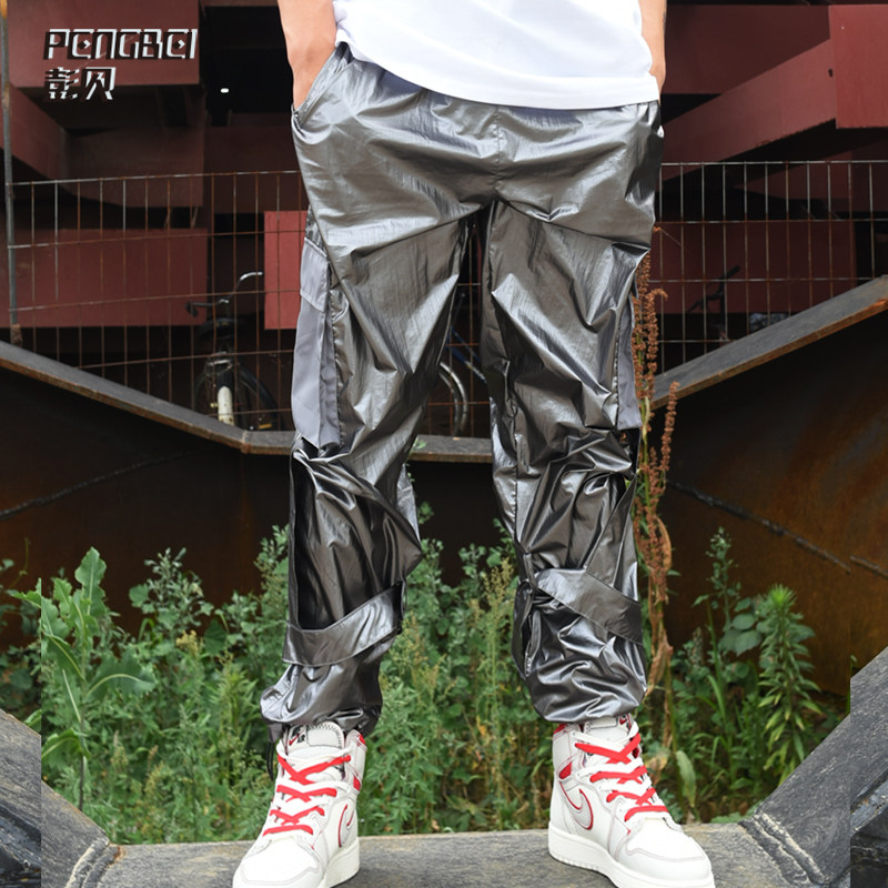 Trendy men hip-hop trousers silver bright overalls hiphop cool large size skateboard jazz hip-hop team custom 906