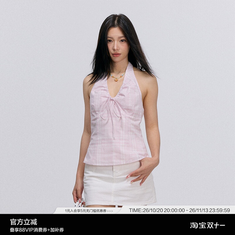 Heyabc American Retro Pink Striped Halter Neck Camisole Pure Desire Hot Girl Drawstring Versatile Slimming Top Heyabc American Retro Pink Striped Halter Neck Camisole Pure Desire Hot Girl Drawstring Versatile Slimming Top