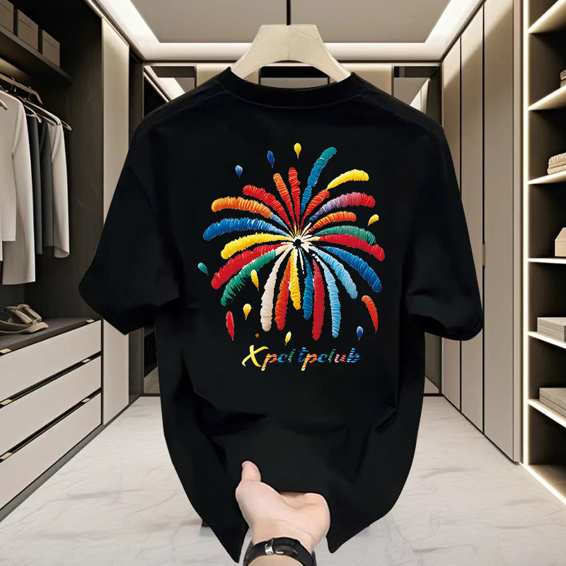 American-Style Heavyweight Pure Cotton Short-Sleeve T-Shirt for Men, Trendy Brand Half-Sleeve Tee, Summer Round-Neck Fireworks Print Loose Top