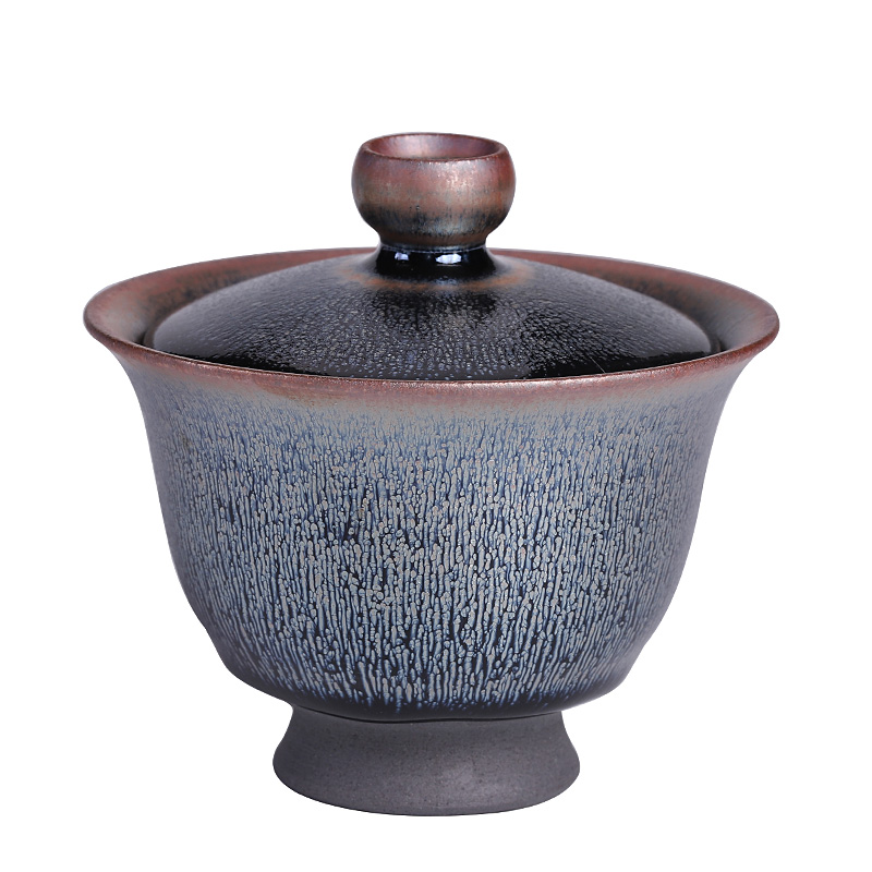 Jianyang undressed ore glaze Chen Guofei manual build light footed tureen authentic ceramic cups tire iron hand grasp a pot of tea bowl
