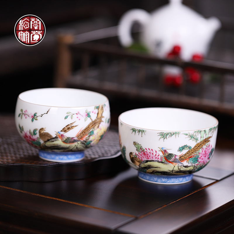 Jingdezhen ceramic kung fu tea cup pure manual colored enamel hand - made master cup getting thin foetus meditation cup single cup size