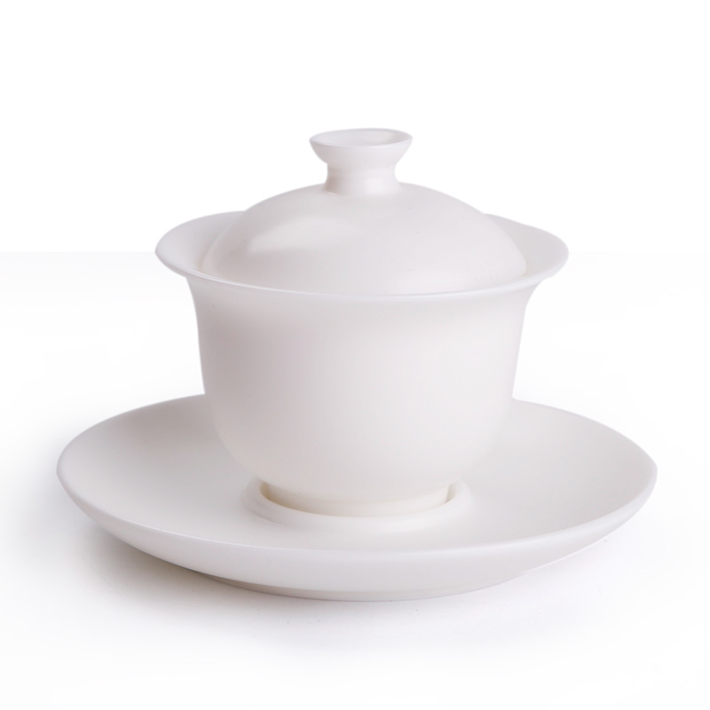 Suet jade white porcelain tureen single pure manual element firing to thin three cups to trumpet dehua ceramic tea bowl