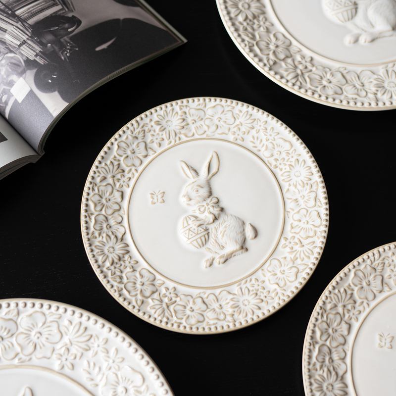 Half Village Easter Bunny Series Japanese Kiln-Transformed Embossed Ceramic Plate Vintage Dessert Plate Decorative Plate