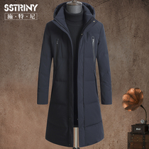 Stney winter thickened medium and long detachable hat collar down jacket Mens long over-the-knee warm down jacket