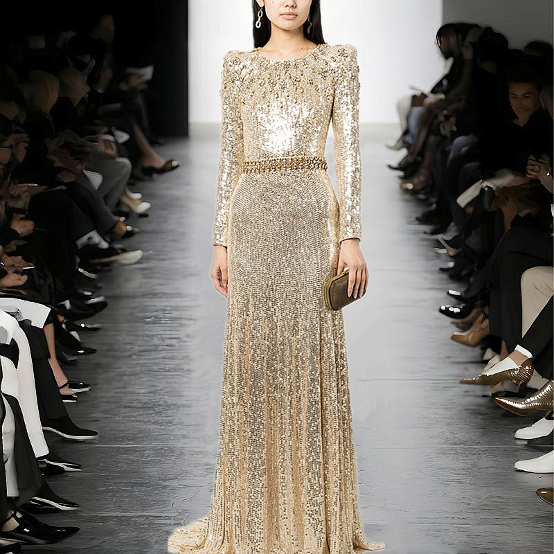 European and American 2026 New Women's Clothing with a High-End Feel, Celebrity-Style Heavy Beading and Rhinestone Inlay, Gold Sequin Long Bodycon Dress