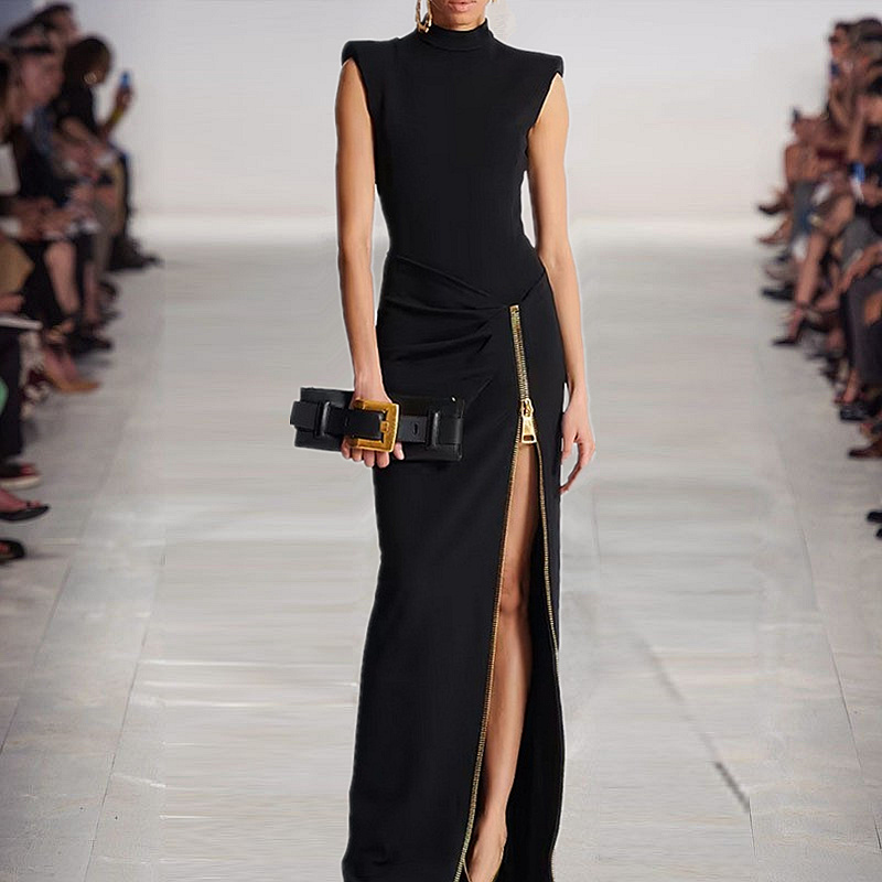 European and American 2026 New Celebrity Style High-End Fashion Sleeveless Zipper Slit Elastic Long Bodycon Dress
