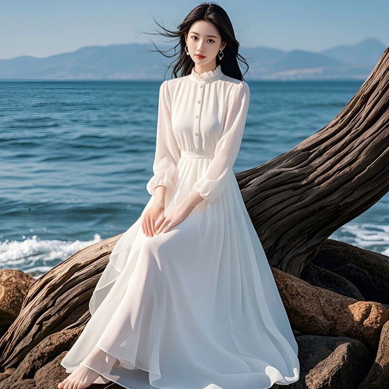 White Fairy Dress Long Style 2026 New Model Sanya Travel Photo Shoot Vacation Beach Dress Long Sleeve Dress Long Skirt