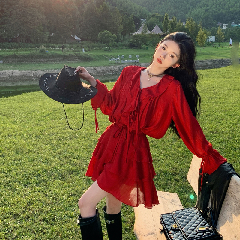 Xinjiang Grassland Travel Outfit Ruffled Red Dress Northwest Sichuan Western China Travel Petite Suit Dress