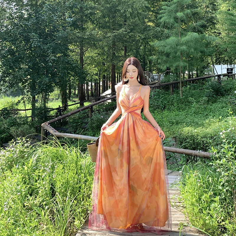 French Retro Oil Painting Smudged V-Neck Suspender Dress for Women, Summer Seaside Vacation Long Dress, Gentle Elegant Fairy Dress