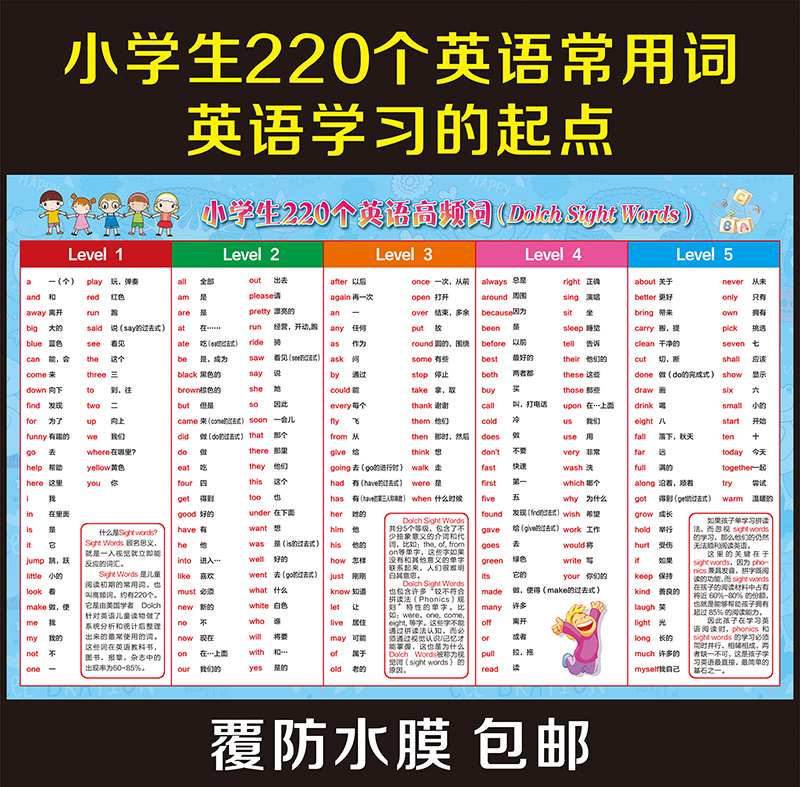 Primary school English 220 High frequency word wall chart Dolch Sight Words Primary English common single words