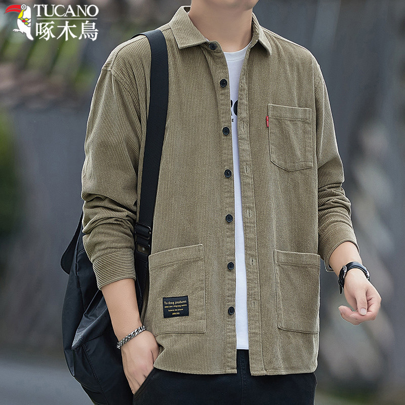 ウッドペッカーのメンズ用ピュアコットンコーデュロイシャツ、秋冬用、長袖ワークウェアスタイル、ゆったりとしたコットンシャツ、メンズアウターウェア。