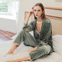 Gold velvet pajamas ladies winter 2021 new sexy suspender dressing gown three-piece set plus size simple home wear