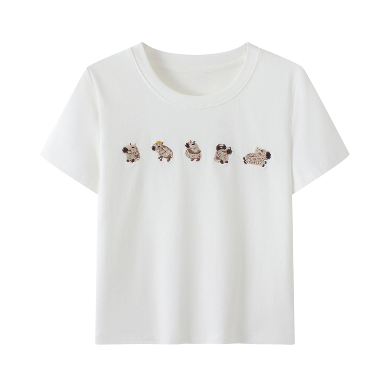 2025 Summer New Peace Borderline Women's Clothing Fashionable Versatile Capybara Embroidered Short-Sleeved T-Shirt