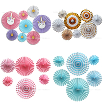 6 sets of paper fan flower set Pink blue paper flower fan handmade DIY folding fan pull flower wedding party decorations
