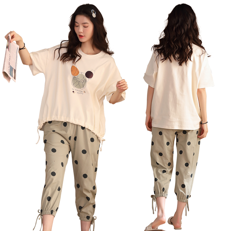 Pajama womens mùa hè Hàn Quốc phiên bản ngắn tay bông mỏng dễ thương cơ sở trường trung học cô gái mùa hè cô gái mùa hè hai mảnh bộ tươi.