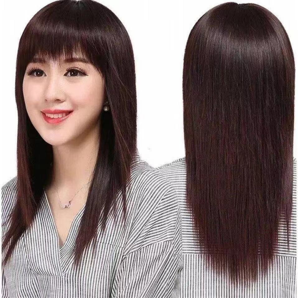 Wig female long hair long straight hair lady Qi bangs medium long hair full headgear invisible seamless lifelike mother fake headgear
