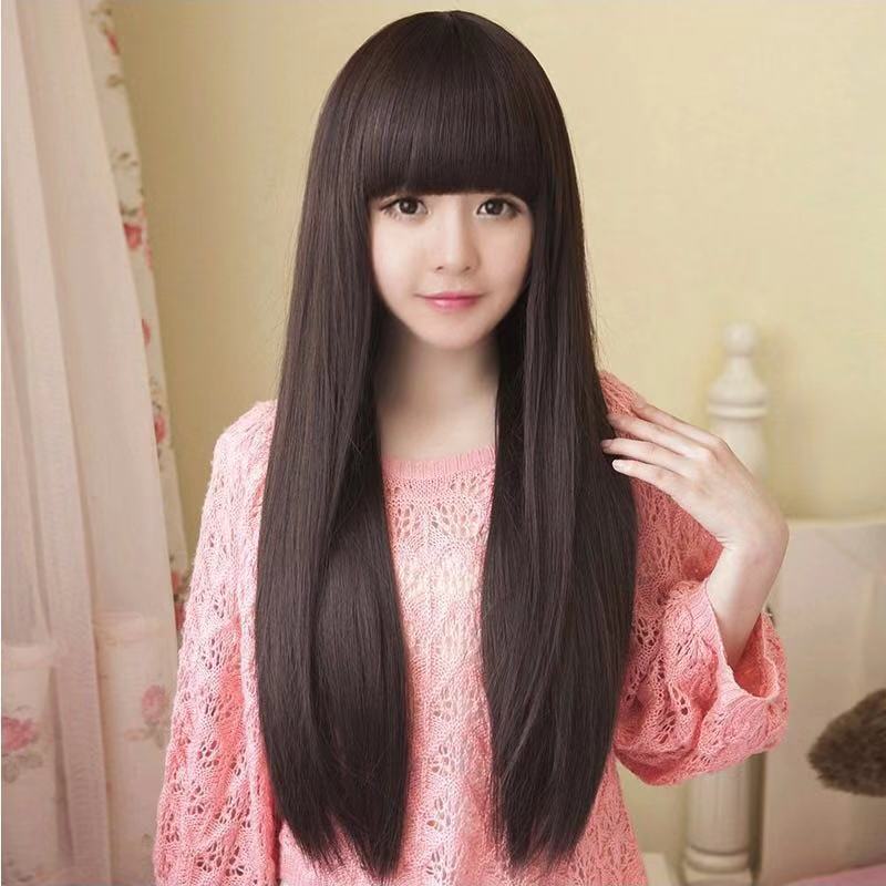 2019 new wig female growth straight hair bangs wig set student long hair long curly hair full head wig