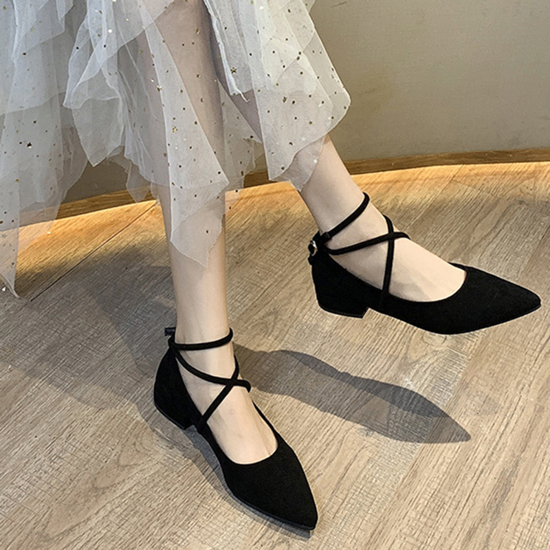 2026 Spring and Autumn New Pointed-Toe Shallow Single Shoes Sweet Fairy Style with Skirt Matching Lace-Up Low-Heel Women's Shoes ins Trend