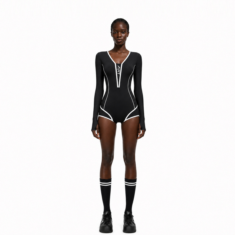 Kaiora Diving Suit Surfing New V-Neck Long-Sleeved One-Piece Swimsuit for Women Black Body-Shaping Sports Style Racing Quick-Drying