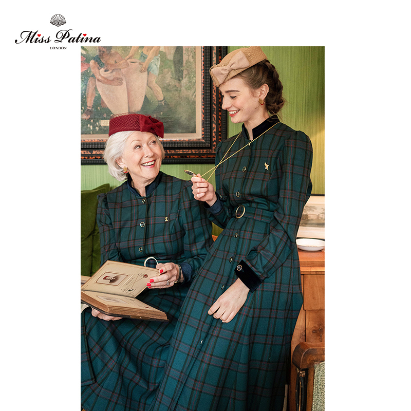 Mp British Retro Original Design Diana Royal Scottish Plaid Stand-Up Collar Elegant Long Dress