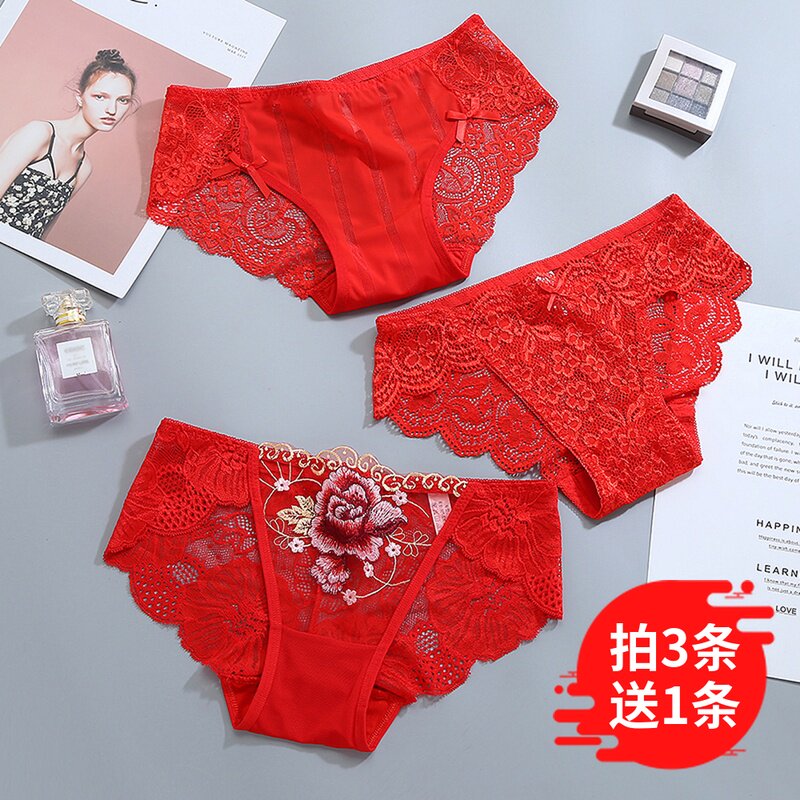 Lady Transparent Big Red Briefs Female Sensation Lace Medium Low Waist Thin Embroidered Flowers Ben Year Triangle Pants