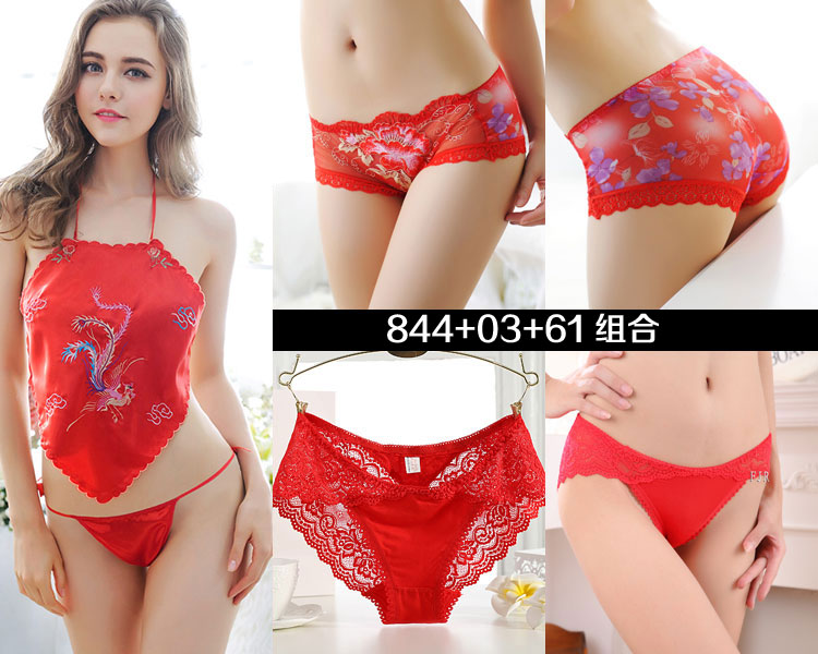 3 hộp quà tặng sexy couple wedding red tạp dề đặt tam giác đồ lót nữ T-Shirt cám dỗ ren đồ lót