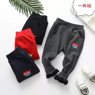 Children's plus velvet sweatpants Autumn and winter brushed pants Girls black sweatpants boys cotton casual fleece warm elastic pants