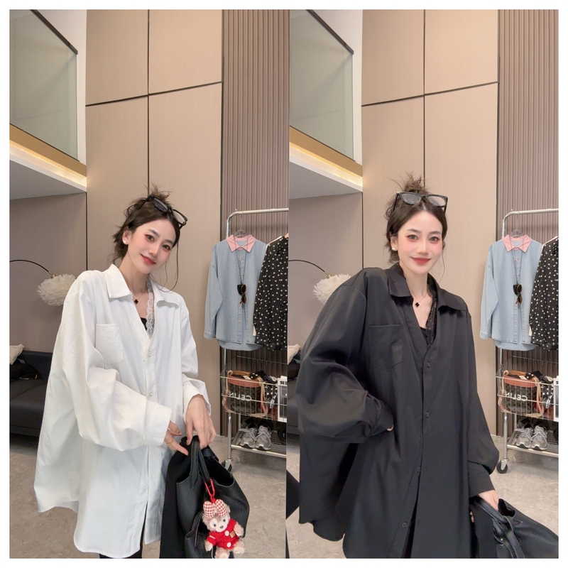 【Lace Collar】Spring New** Simple Lace Patchwork Loose Mid-Length Long-Sleeve Versatile Shirt