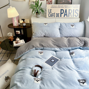 Thickened Heattech Towel Embroidery Milk Fiber Four-Piece Coral Flannel Duvet Cover Three Pieces Winter 1.8M Bedding