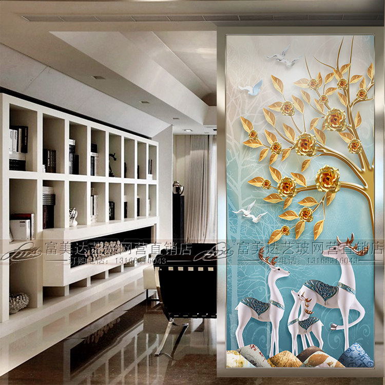 Custom Art Glass Screen Xuanguan Partition Living Room Modern Light Transmission Frosted Sculpted Steel Chemical Process Glass Chaise Deer