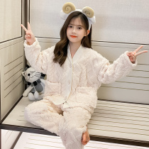 Girls pajamas autumn and winter thickened flannel childrens coral fleece pajamas in big kids little girl home wear set