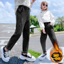 Girls Pants Spring and Autumn 2021 New Childrens Plush Jeans Korean Version of Foreign Air In The Big Boy Winter Pants Are Worn Outside
