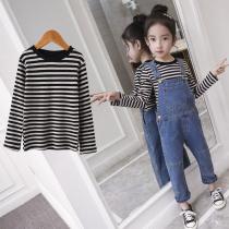 Girls T-shirt Long Sleeve Spring and Autumn Thin Childrens foreign style black and white stripes base shirt cotton slim Joker