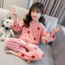 Girls coral fleece pajamas spring and autumn thickened childrens winter pajamas flannel medium and old childrens home wear set