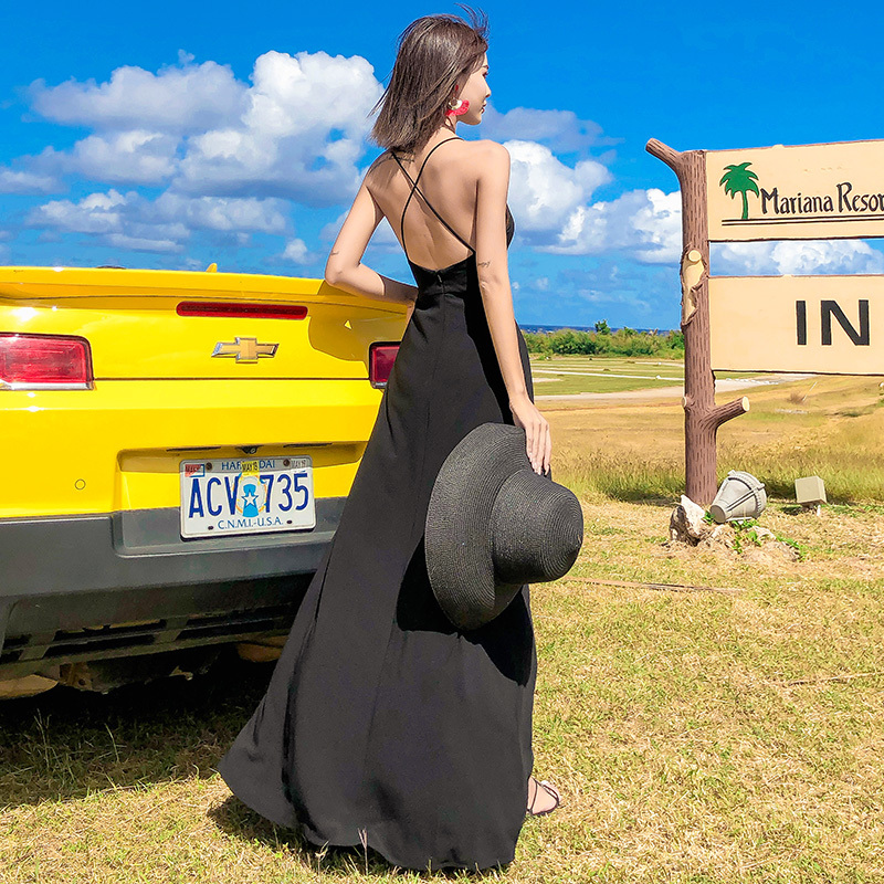 Black Spaghetti Strap Dress 2025 New Style Seaside Vacation Sexy Backless Beach Dress Slit Gown Long Dress for Women