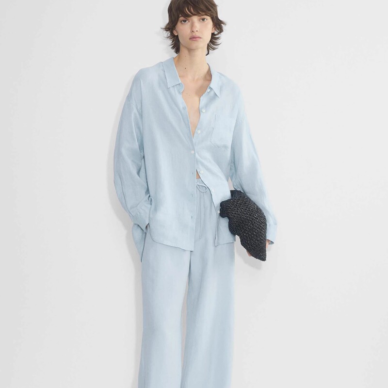 Official Website Genuine Aritzia Linen Set Simple Solid Color Casual Versatile Loose Long-Sleeve Shirt Casual Long Pants