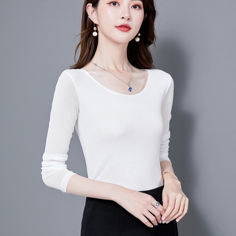 Authentic Gejia Spring and Autumn Brand Round-Neck Mesh Base Shirt Women's Long-Sleeve T-Shirt White Lace Inner Wear Fashion