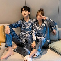 Couples pajamas Ladies Spring and Autumn long sleeves Ice Silk thin home wear pajamas male simulation Silk Loose two-piece set