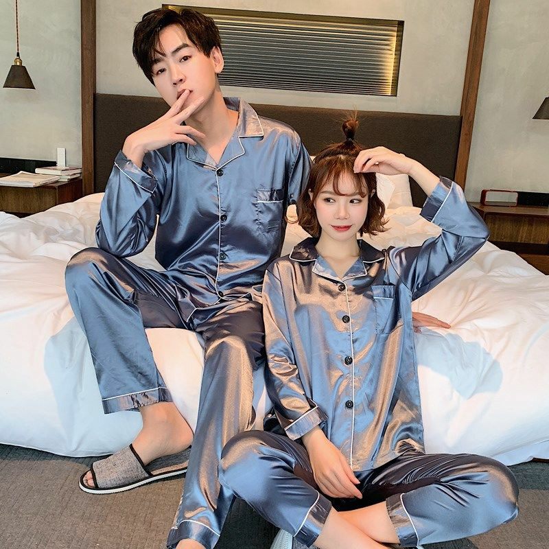 Couples spring and summer home clothing men's silk two suits men's pyjamas long sleeves trousers thin ice silk loose large size